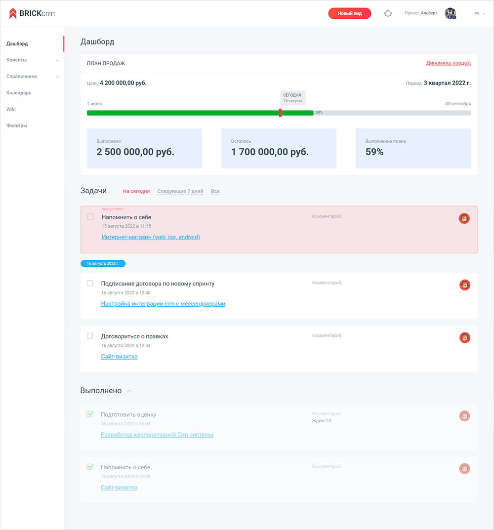 Dashboard for sales manager